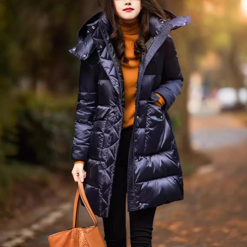 Womens Mid-Length Hooded Down Coat With Waist Cinching A-Line Fit Winter Warm Jacket