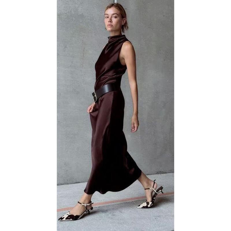 Za Autumn New Women clothes 2025 Western Style With Belt Silk Satin Texture Midi Dress 2277302