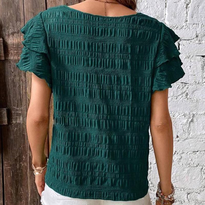 Letní Nové Tričko s Kulatým Výstřihem a Volánovými Rukávy Casual Top pro Ženy Módní Elegantní Vintage Plisované Dámské Volné Halenky Dovolená Slim Dámská Košile 26487