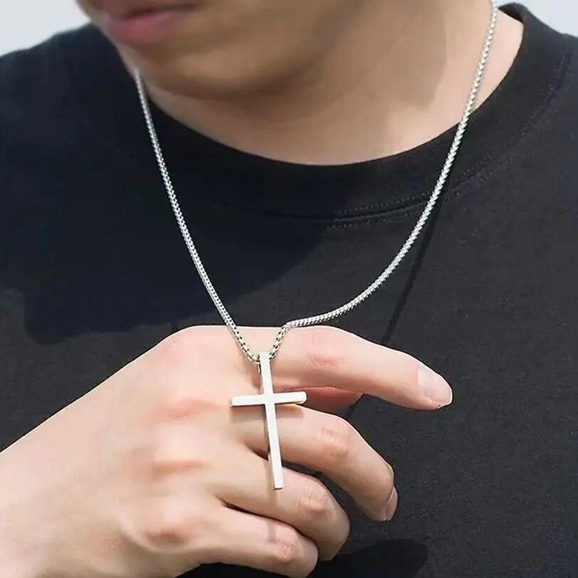 Hip Hop Trend Kreuzanhänger Halskette für Männer Einfach Punk Silberfarbe Titanstahl Kette Vielseitig Street Schmuck Zubehör