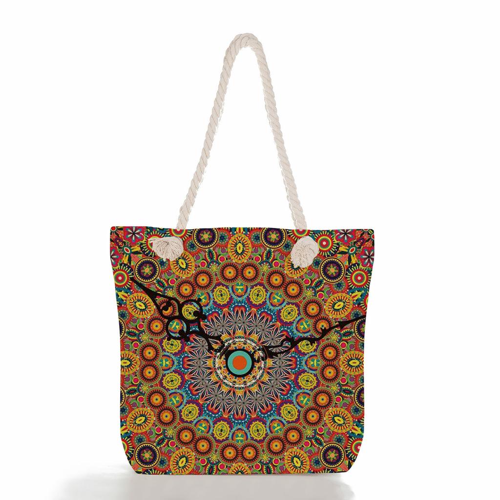 Multifunctional Mandala Printed Thick Rope Shoulder Beach Bag Casual large capacity handbag 7618