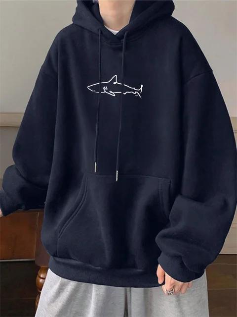 Simple Shark Printing Hoodie For Unisex Kangaroo Pocket Drawstring Pullovers Thermal Fleece Warm Sweatshirts Autumn Casual Clothes