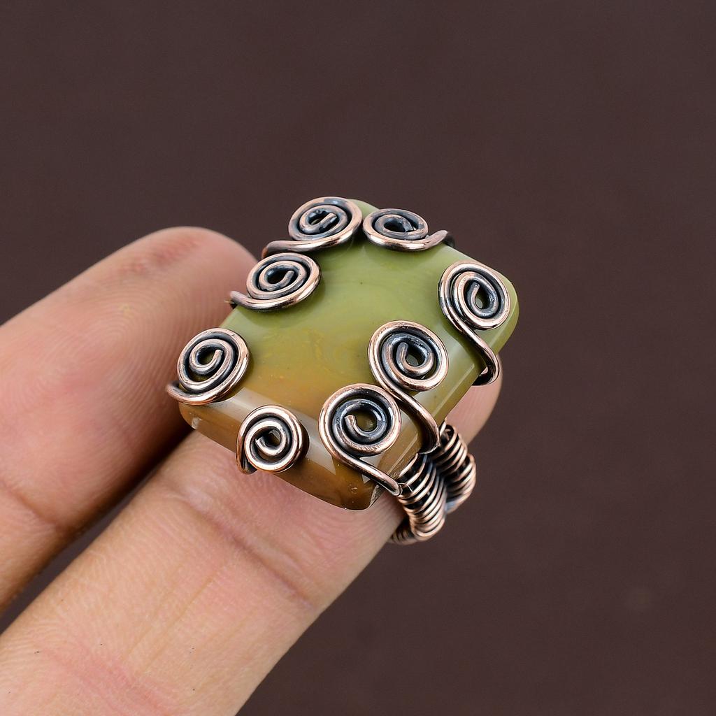 Natural Green Jasper Gemstone Handmade Copper Wire Wrap Ring Size 8.5 k1o82