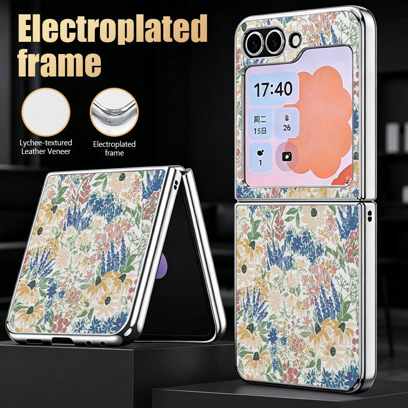 Retro Watercolor Flower Print Case For Samsung Z Flip 8 7 6 5 Luxury Plating Leather Skin Folding Phone Cover For Galaxy Z Flip8 Flip7 Flip6
