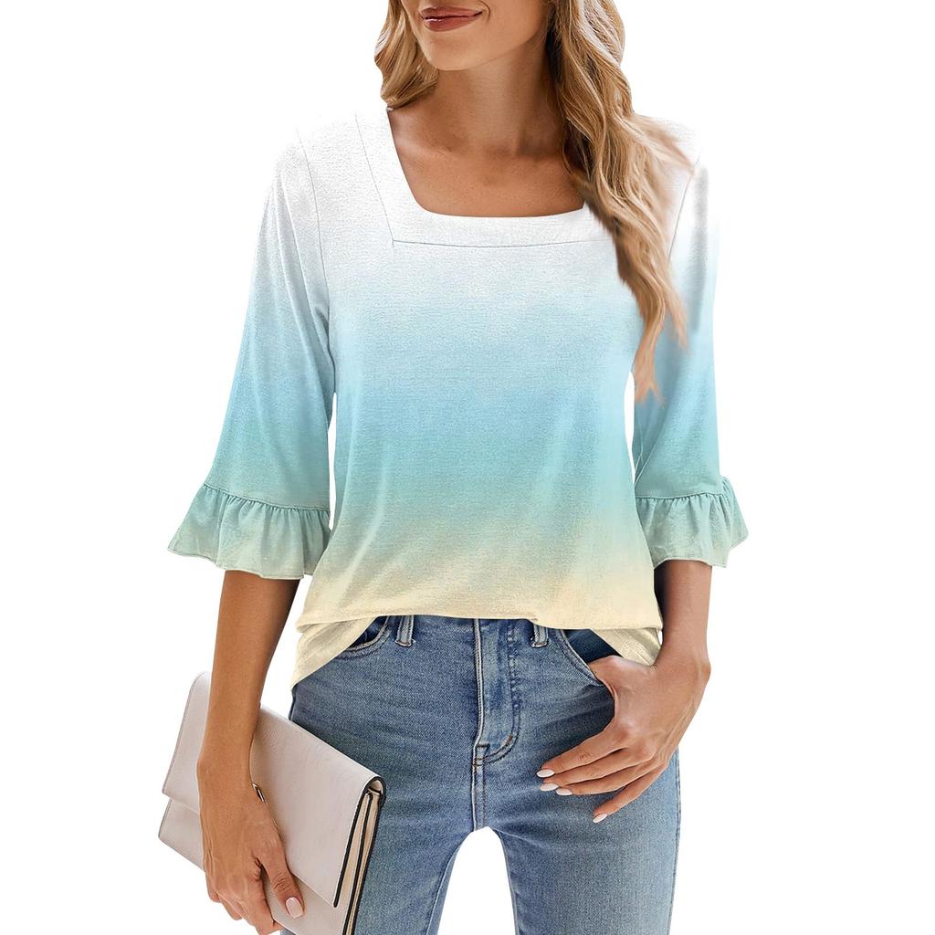 Women's Casual 3/4 Sleeve Tops Summer Square Neck T Shirts Ruffle Loose Fit Tunic Blouses