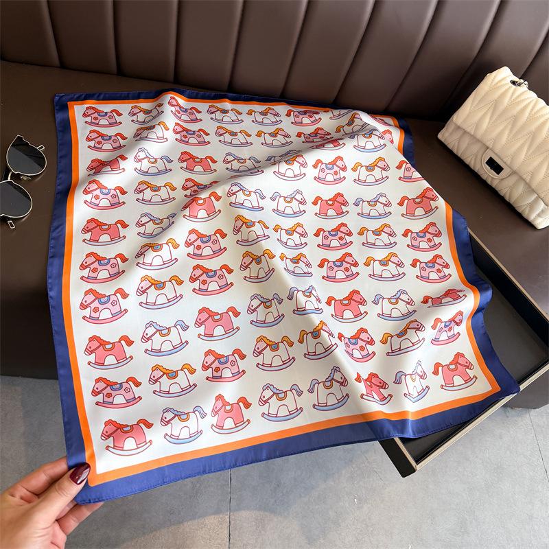 Korean Style Cute Trojan Printed Silk Feel Square Scarf For Women