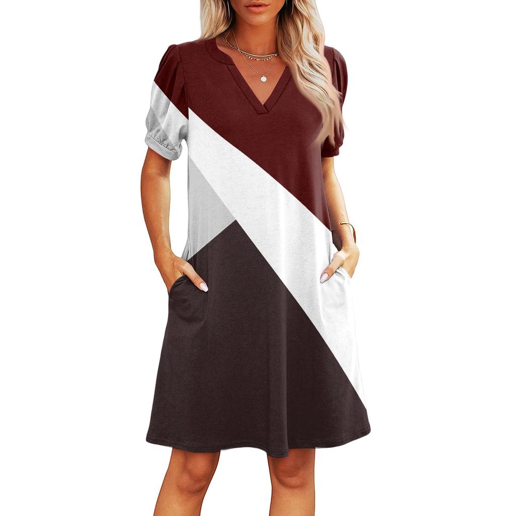 Dámské letní ležérní plážové šaty s výstřihem do V, s krátkým rukávem, pruhované, s geometrickým potiskem