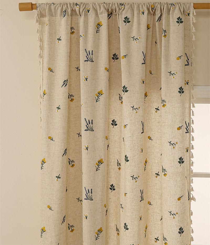 Boho Curtain Daisy Embroidered Farmhouse Window Treatments Beige Floral Curtain Rod Pocket Light Filtering Living Room Bedroom