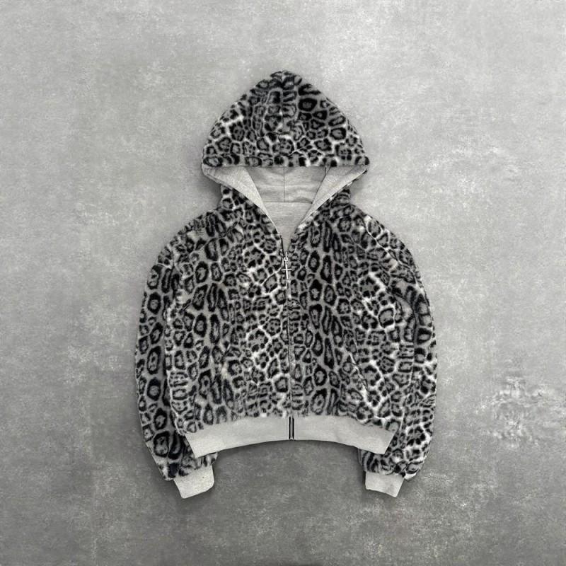 Mens Reversible Leopard Print Hooded Zip-Up Oversized Sweatshirt Winter Casual Wear