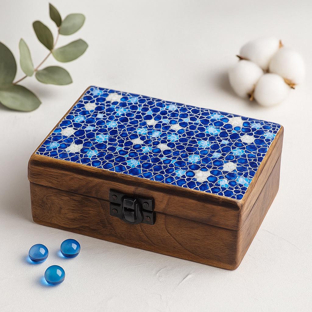 Ceramic Glazed Mango Wood Box Blue Stars 15x10x6cm