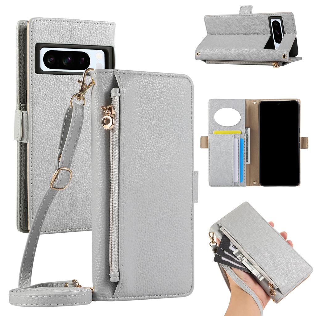 Crossbody Zipper Cards Solt Wallet Leather Case For Google Pixel 9 Pro XL 8 8A 7 7A 6 6A Makeup Mirror Long Lanyard Book Cover