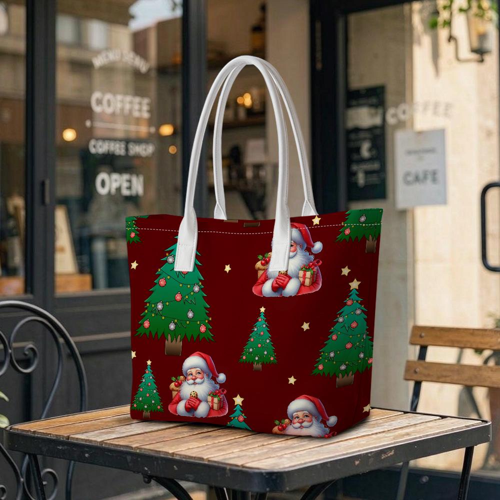 Christmas Santa Claus Tree Pattern Tote Bag Portable Stylish Holiday Daily Use Shoulder Bag