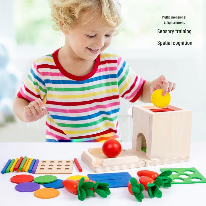 Montessori 4-in-1 Münzbox: Multifunktionaler Steckstab, Zieh-Rettich, Bausteine für die frühe Kindheit und Farbzuordnungs-Intelligenzspielzeug.