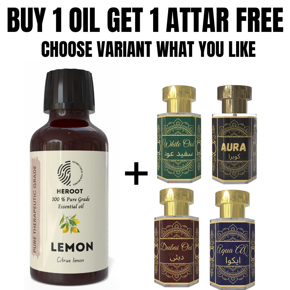 Zitronen-Ätherisches Öl 10 ml für Aromatherapie & Raumduft – 1 kostenloses Attar 6 ml erhalten – Aqua AQ, Dubai Oud, Aura, White Oud