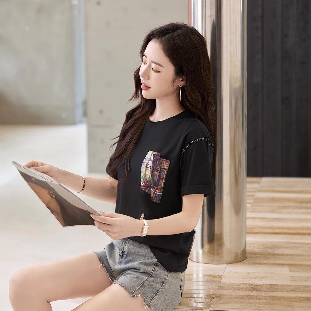 

New Summer Short-Sleeve Cotton T-Shirt: Trendy Round Neck, Casual Loose Fit with Drop-Shoulder and Pocket. Small білий