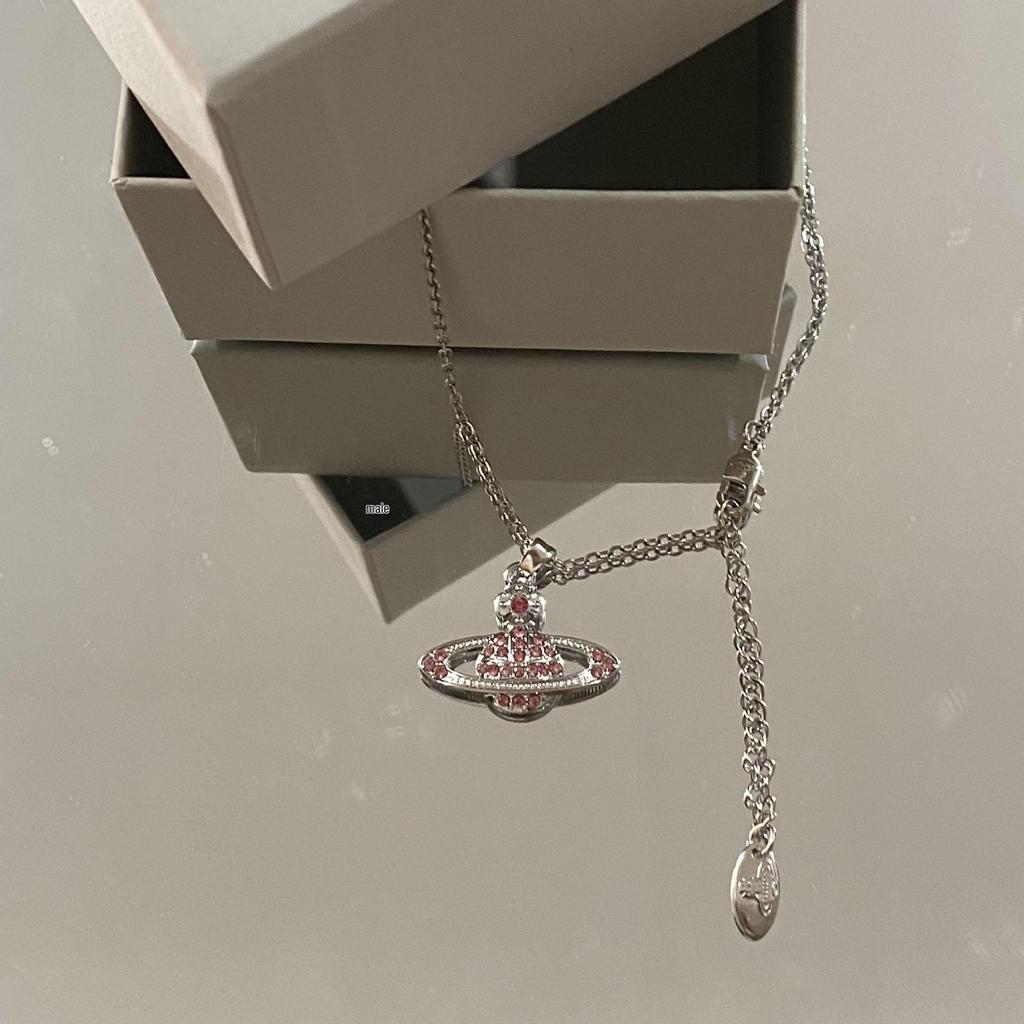 Empress Dowager High-Quality Pink Diamond Silver Necklace with Saturn Chain