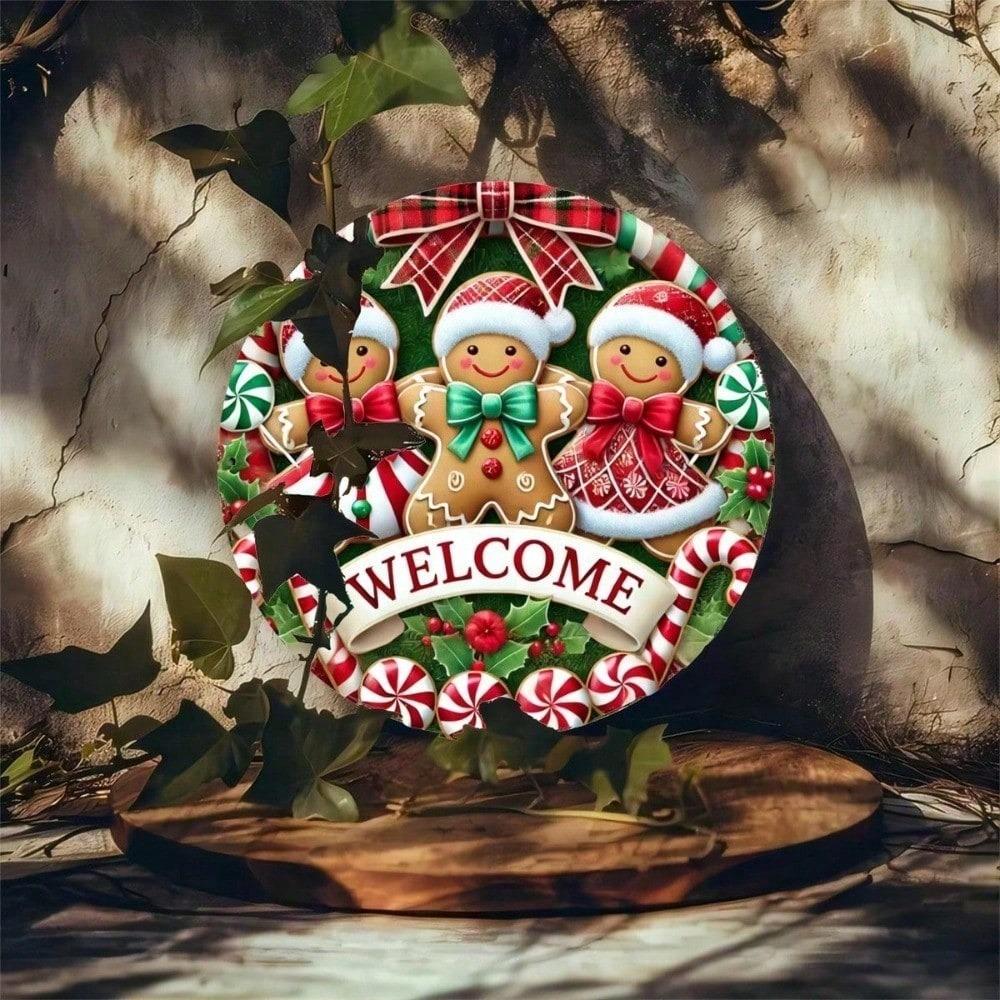 Festive Gingerbread Man Metal Wall Art, Christmas Round Sign for Home Kitchen Porch Decoration, 2D Flat Holiday Gingerbread Cookie Decor