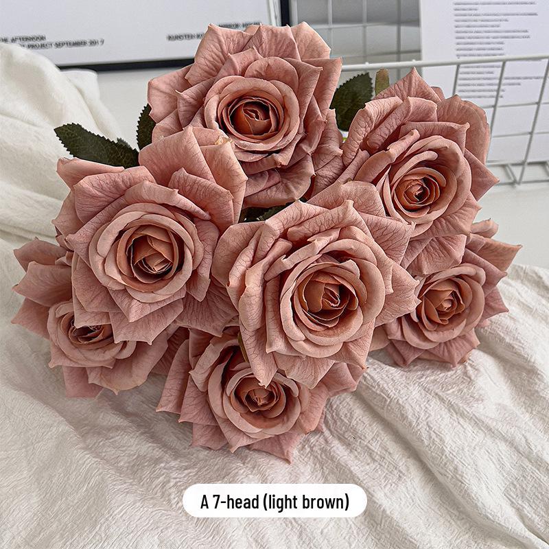7-Head Embossed Cappuccino Rose Bouquet: Artificial Wedding Car Decoration with High-End Feel