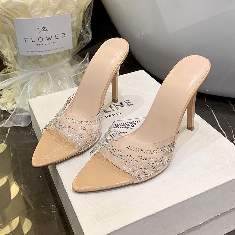 

2025 new women s rhinestone high-heeled slippers transparent pointed stiletto high-heeled sandals fashion sense 40 абрикосовый