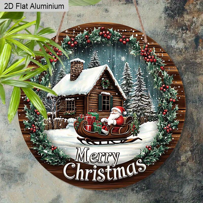 Panneau Joyeux Noël Plat en Aluminium 2D avec Motif Père Noël & Maison - Ornements Figurines Hivernales Chaudes - Idéal pour Porte d'Entrée, Mur, Porche, Fenêtre