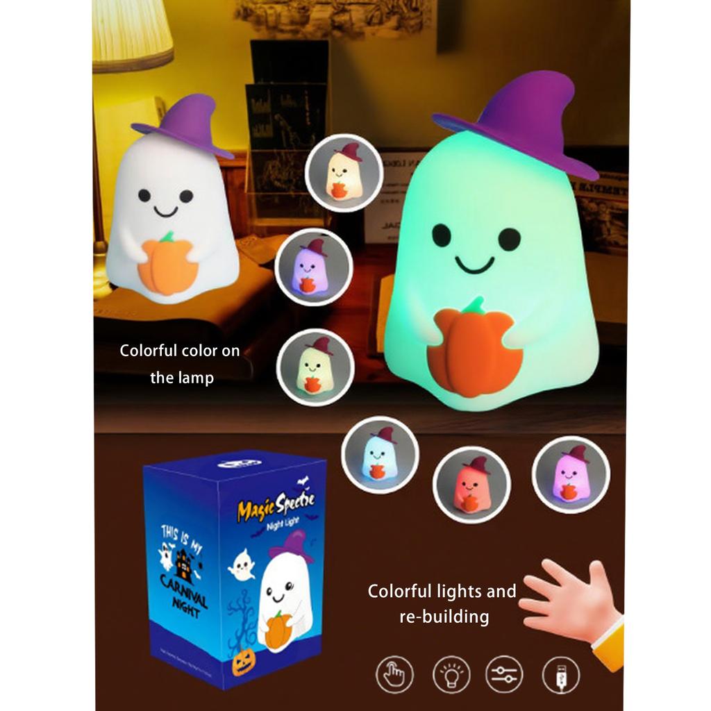 Cute Night Light, Halloween 7-Color Changing Silicone Hand-Controlled Lamp, USB-C Rechargeable Dimmable Bedside Lamp For Kids' Bedroom