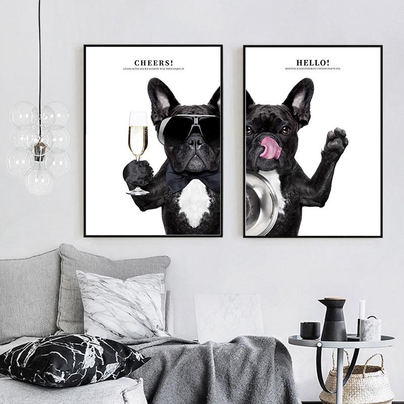 Nordic Funny Animal Canvas Painting Black Dog Wear Sunglasses Clothes Poster Print Black White Wall Art Pictures for Living Room