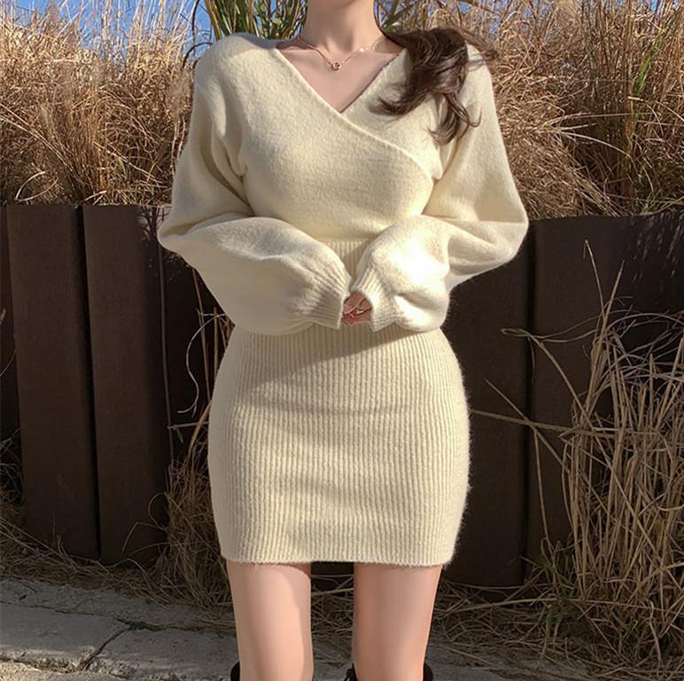 

Корейская мода сексуальный V-образный вырез крест-накрест вязаный свитер платье с длинным рукавом женский трикотажный облегающий короткий свитер платья Sloid цвет повседневная элегантная одежда 2225 One Size слоновая кость