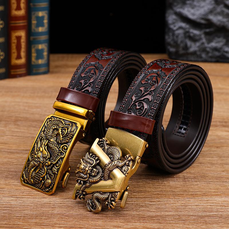 Dragon Pattern Head Layer Cowhide Belt, Fashionable Embossed Personalized Alloy Buckle Imitation Copper Buckle Belt