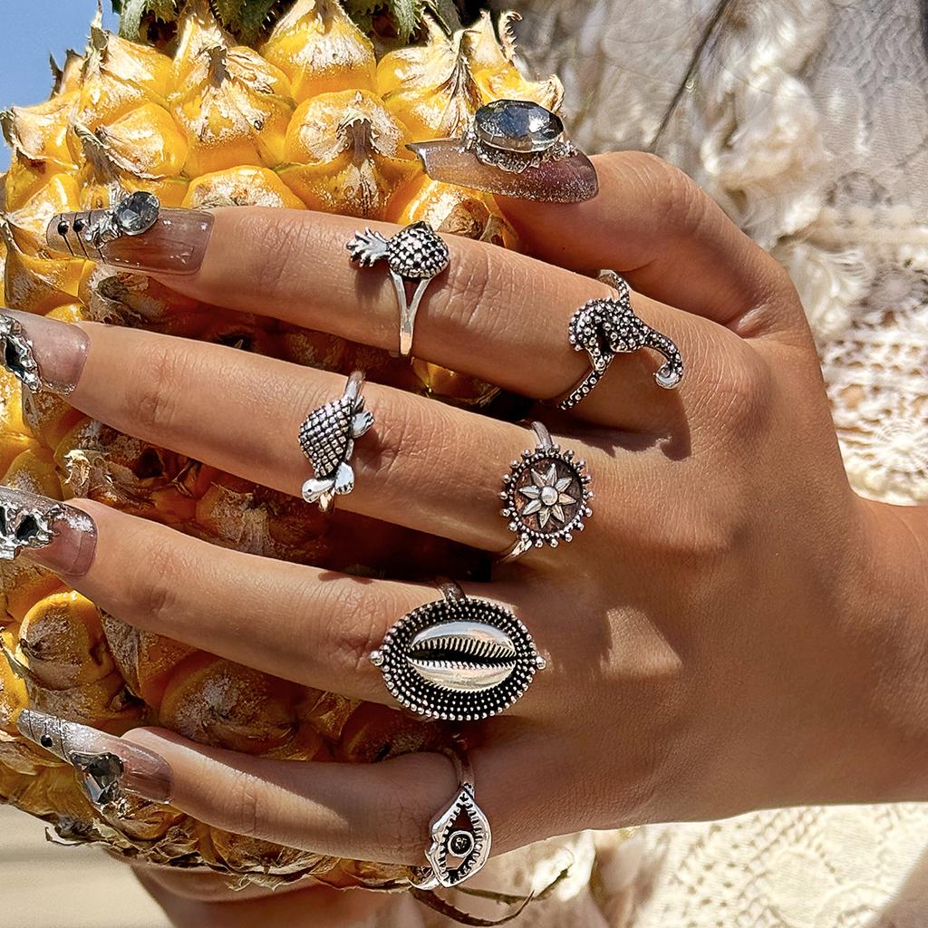 European and American Bohemian Starfish Scallop Ring Beach Style Coconut Tree Butterfly Carved Vintage Ring Set