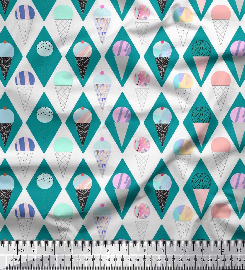 Soimoi Blue Japan Crepe Satin Fabric Diamond & Ice Cream Cone Food Print Fabric by the Metre 42 Inch