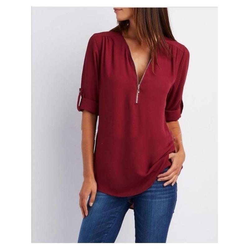 Women's Plus Size Loose Fit V-neck Chiffon Shirt with Long Sleeves and Adjustable Zipper