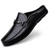 Men's Large Size Genuine Leather Closed-Toe Backless Slippers - Soft Sole Cowhide Summer Sandals