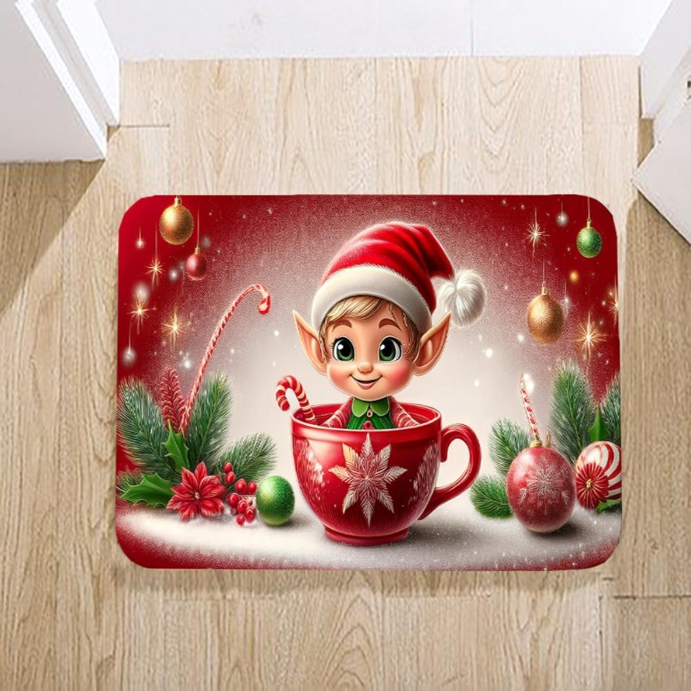 

Christmas Elf in Cup Doormat Santa Hat Rug, Soft Polyester Compact Door Carpet for Small Space Holiday Party Decor 40x60cm