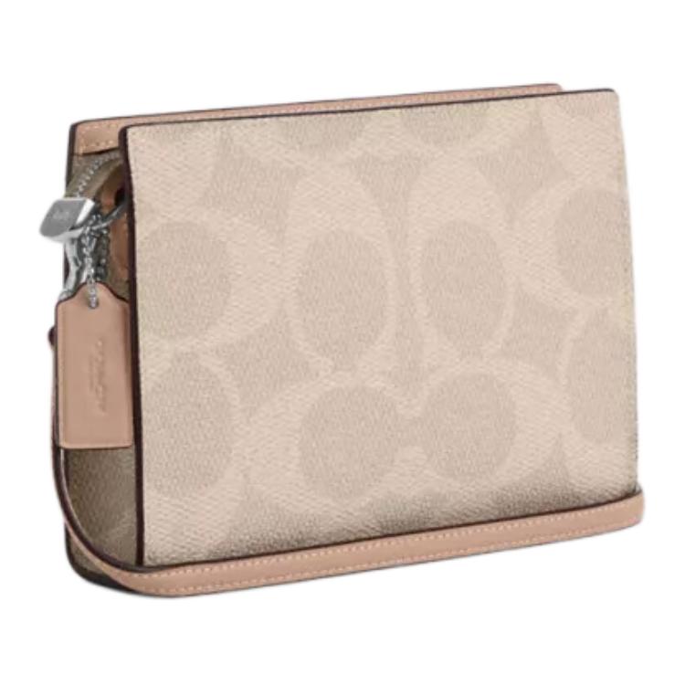 Coach Signature Canvas 20 Slim Color Block Pattern Chain Coated Canvas Crossbody Shoulder Bag Small Women bags Silver Beige Brown CAR12-SVPWH