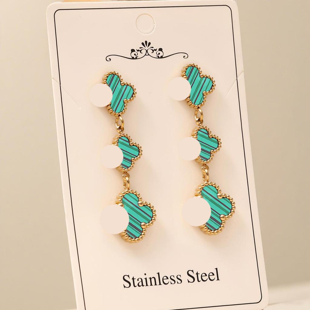 High-End Four-Leaf Clover Tassel Stud Earrings - Stainless Steel, Light Luxury Design