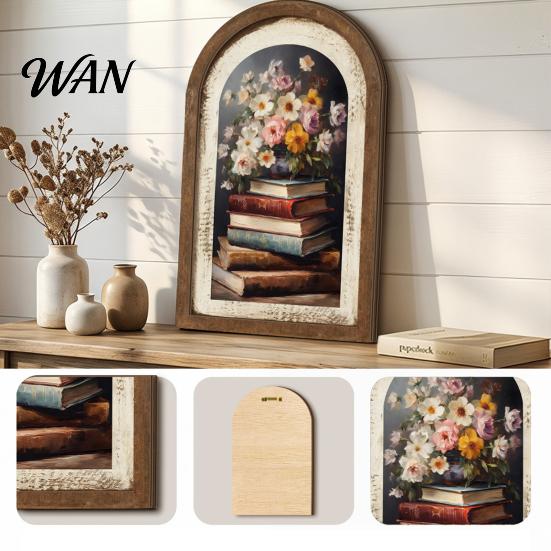 Rustic Lemon Flower Painting Vintage Framed Wall Art, Curved Wooden Floral Arched Wood Art French Country Style Paintings for Bedroom Kitchen