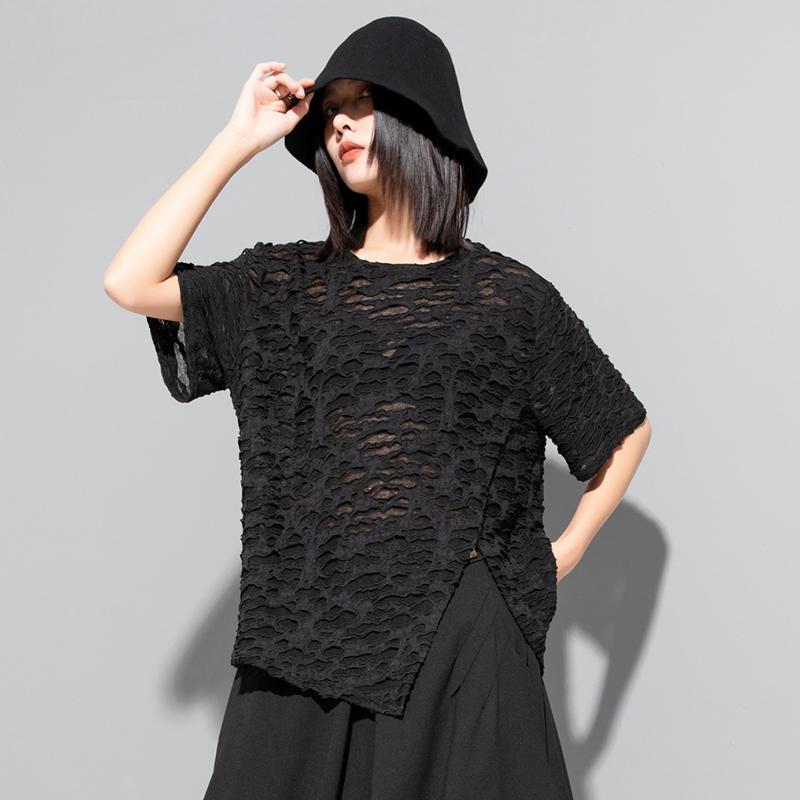 

DIMANAF 2023, новинка, женская футболка больших размеров, женские топы и футболки с круглым вырезом со свободными отверстиями, черная асимметричная футболка с короткими рукавами L чёрный