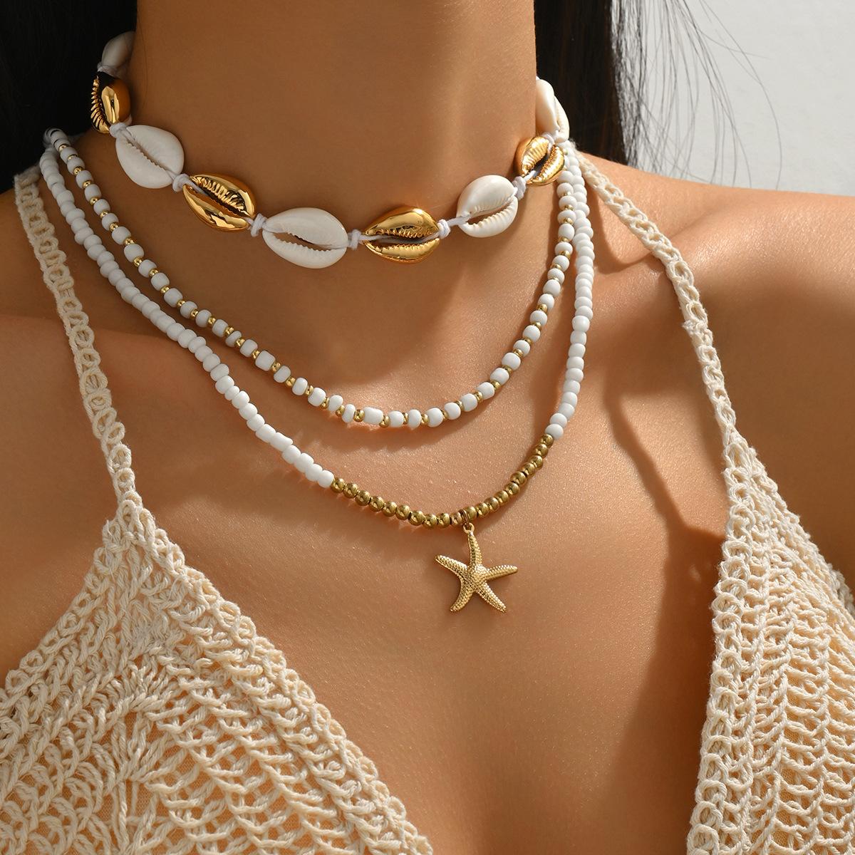 Starfish necklace, European and American seaside beach vacation style imitation pearl accessories, women s multi-layer stacking necklace