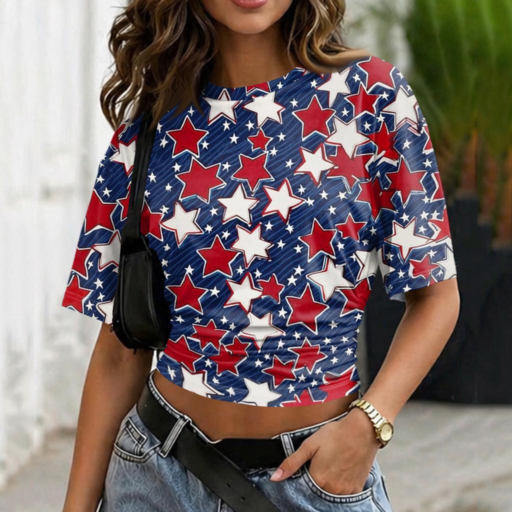Women's Crew Neck Pullover Short Sleeve T-Shirt Loose Fit Casual Top with Printed Pattern and Relaxed Silhouette for Everyday Wear