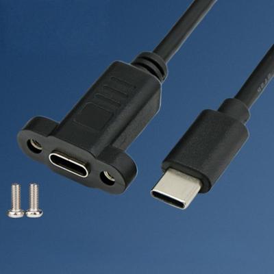 1Pcs Black Panel Mount Type-C USB-C Male To Female Extension Cable With Screw Hole Lock Connector Cable 0.3/0.5/1/1.5 Meters