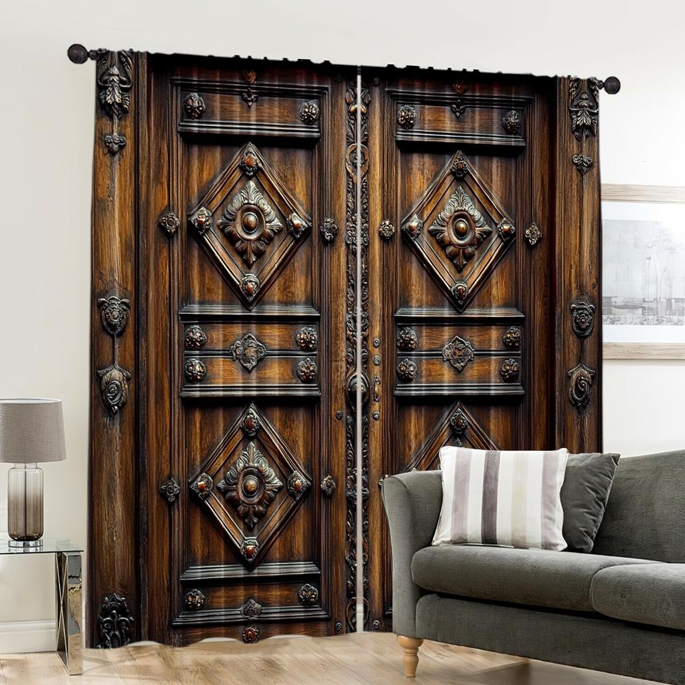Flat Scene Curtain Ancient Wooden Door Fabric Without Electricity Birthday Party Use Polyester Curtains Set Of 2 Made