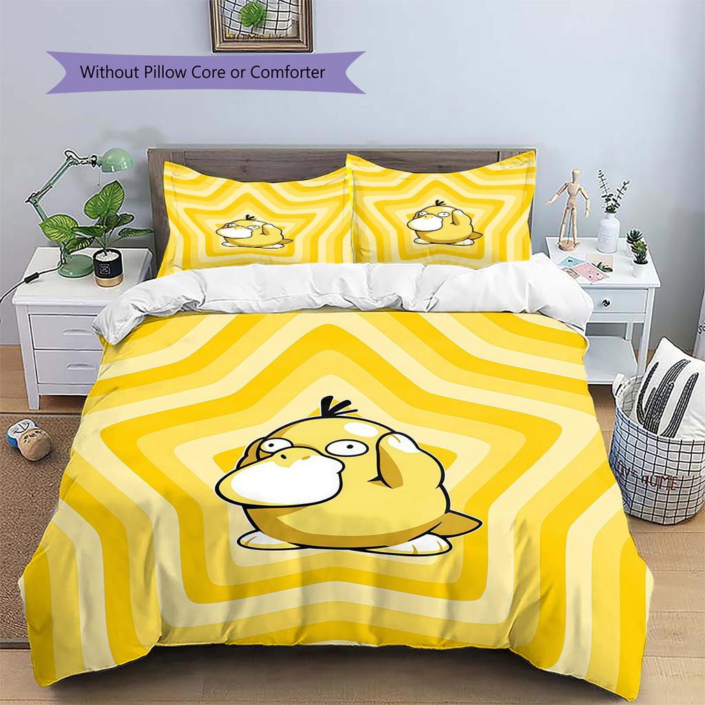 Psyduck Pattern Bedding Quilt Set Home Decoration Gift (1 * duvet cover + 2 * pillowcase without core).xwn