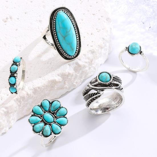 Juego de 5 Anillos Color Plata Retro Envejecido Anillos para el Dedo con Turquesa de Imitación Estilo Bohemio Versátil Apilable Joyería para el Dedo Regalo
