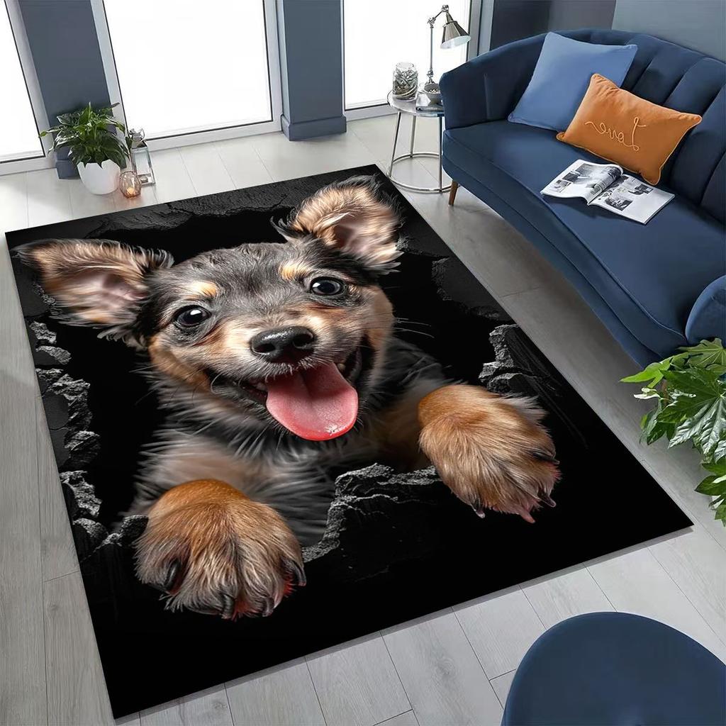 Tapete Fofo Cão Filhote Quebrando a Parede Ilusão 3D para Quarto Sala de Estar Sofá Casa Capacho Decoração, Tapete Grande Antiderrapante para Brincar de Crianças