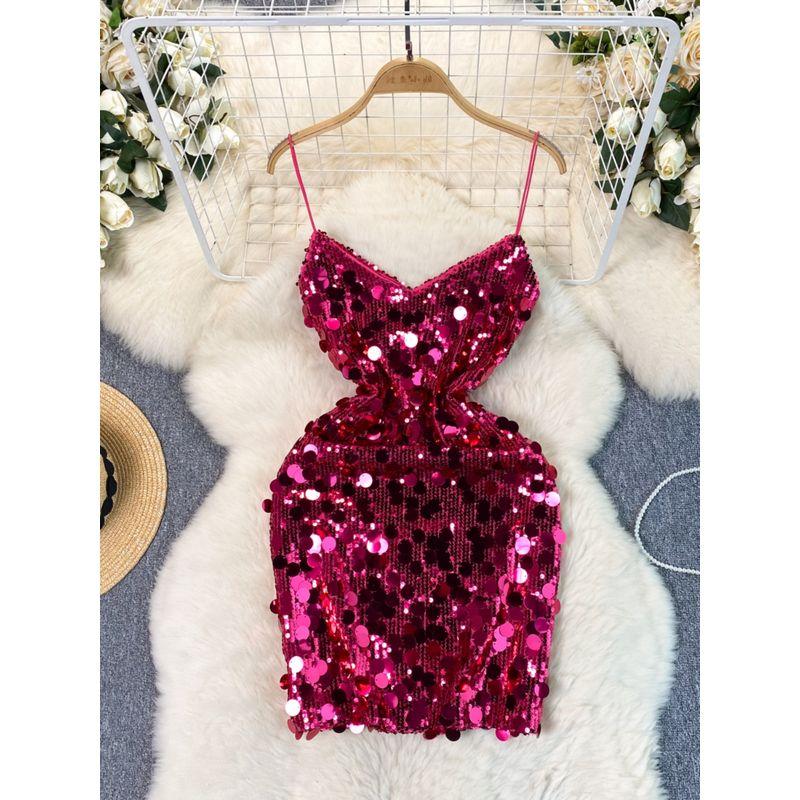 Birthday Gathering Party Small Dress Women's Formal Dress Classy Exquisite Socialite Elegant Sequins Velvet Spaghetti Straps Dress