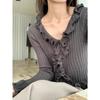 Fashion fungus lace slim knit sweater, autumn 2025 new waist V-neck women's sweater 11950