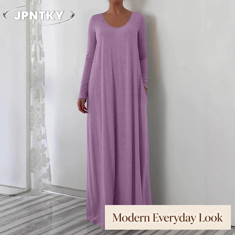 JPNTKY Moda Estate Primavera Colore Solido Stampa Manica Lunga Scollo a O Abiti Casual