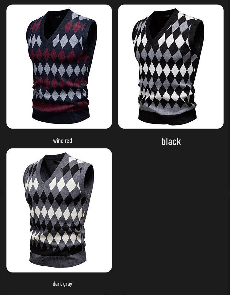 Men's Trendy V-Neck Plaid Color Block Knit Vest - Autumn/Winter Casual Warm Layer