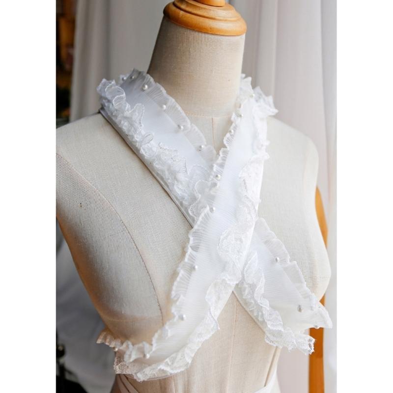 Elegant Kimono Collar Accessory Ruffled Lace Pearls Beaded Japanese Dress Core Collar Lining Kimono Belt for Womens Robe