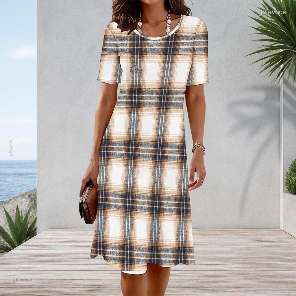 Women s Plus Size White Blue Polka Dot Printed Round Neck Short Sleeve A Line Dress